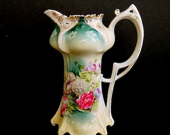 ANTIQUE CHOCOLATE POT,R S Prussia,vase,pitcher,1900,8 1/2"high,porcelain,flowers,roses,Baroque design,ususual shape,gold trim,pink,white