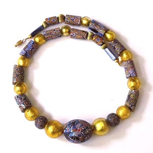 12 AFRICAN TRADE BEADS,matched antique millefiori,17 3/8 necklace,12 Venetian Murano foil glass,Jatim handmade Indonesia,gold,navy,rust,blue