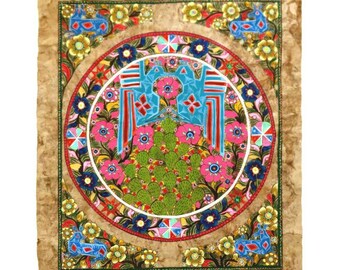 BIG AMATE PAINTING,31&quot;x23&quot; Mexico folk art fine art,cactus,2 birds,4 coyote,flowers,red,green,beige,blue,aqua,black,pink,olive,navy,royal