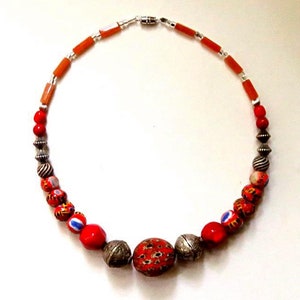 8 KIFFA,3 JATIM,2TIBETAN repoussee,Tribal 17 1/2 necklace, red,silver,black,white,yellow,blue,gray,handmade beads,natural coral,gemstones, image 3