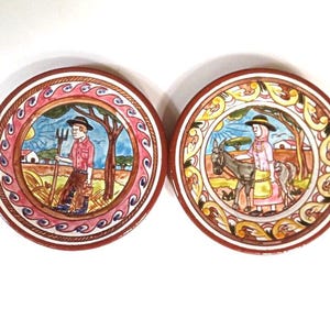 2 PORTUGAL 8" Hand Painted REDWARE PLATES,folk art,Sao Pedro do Corval,vintage pottery,farmers,house,horse,handmade,man,woman,round plates