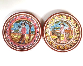2 PORTUGAL 8" Hand Painted REDWARE PLATES,folk art,Sao Pedro do Corval,vintage pottery,farmers,house,horse,handmade,man,woman,round plates