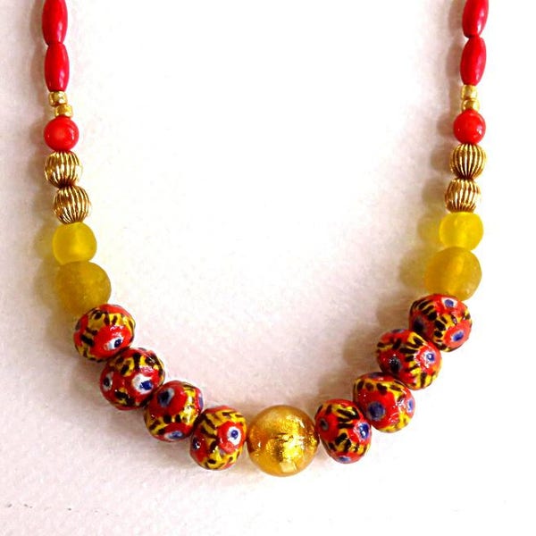 VENETIAN foil glass,bright colors,17"NECKLACE,Mauritania Kiffa beads,tribal beauty,Ghana Krobo glass,gold,red,lemon yellow,black,coral,blue