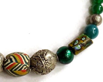 2 African trade beads,JATIM,antique VENETIAN millefiori,MURANO foil glass,Indonesia,Tibetan repoussee,17 3/8" necklace,green,silver,emerald