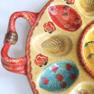 HAND PAINTED DEVILED Egg serving tray Italy,vintage ceramic multicolor 12-egg platter with handles,dining decor,rust,aqua,mustard,olive,tan