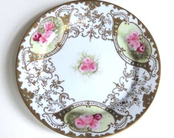 ANTIQUE MORIYAGE PLATE Nippon,1890-1920,Morimura,roses,raised gold details,7 1/2" decorative plate,hand painting,pink flowers,festoons,gold