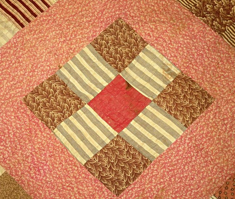 ANTIQUE PIECED QUILT 79x67,beige,peach,pink,brown,tan,coffee,vg condition,cotton,handsewn,9-square pattern,,polka dots,tiny flowers,stripes