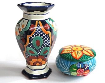 MEXICO VASE & TRINKET Box,handmade folk art,ceramic hand painted,signed,vg,bright color blue,rust,navy,green,red,aqua,marigold,orange,yellow