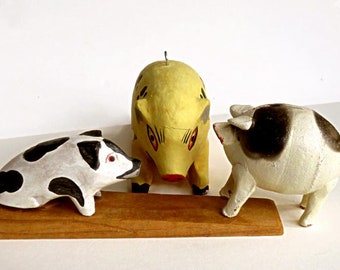 3 LITTLE PIGS,FOLK Art,Mexico,Indonesia,vintage hand painted wood,ceramic,small,medium,good enjoyed condition,piggy bank,wingless flying pig