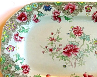 ANTIQUE 1805-1830,SPODE OBLONG Dessert plate,vg condition,Peonies,flowers, 9 1/8"x 6 3/8",border scrolls,pink,rose,green,blue,cool white