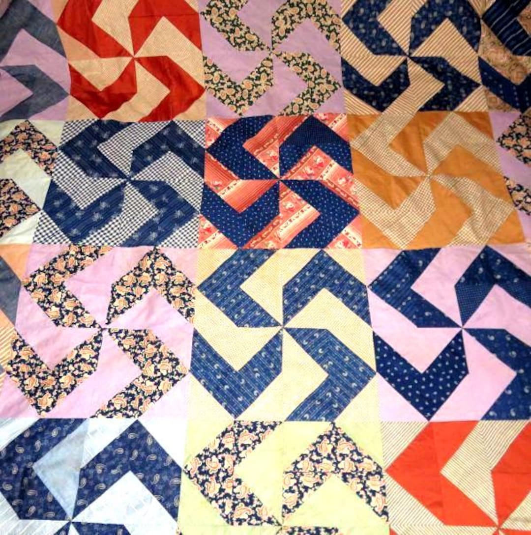 1890's QUILT TOP,ANTIQUE Pin Wheel Hand Stitched 85