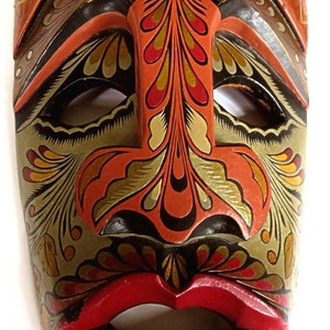 FOLK ART MASK 19" Indonesia,vintage hand carved,hand painted wood  sculpture,tan,olive,rust,red,aqua,black,celadon,ochre,gold,salmon,bronze