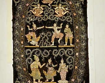 1930s Big THAILAND WALL HANGING,21"x35" antique fiber art,Siam,applique,fine art hand sewn,Burma,sequins,couched metallic thread,beads,silk