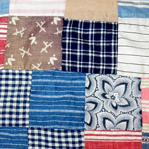 May include: Close-up of a patchwork quilt with various fabric patterns. The quilt features squares of blue and white gingham, striped fabrics, and floral designs. Other squares have small white shapes on a brown background. The quilt has a vintage aesthetic.