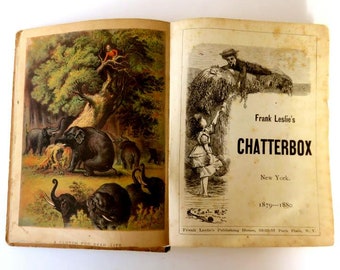 1880 BOOK,ILLUSTRATED 150+ Pictures,CHATTERBOX,childrens stories,cats,dogs,red riding hood,twin monkeys,mother's birthday,Mozart,Parrot,Fox