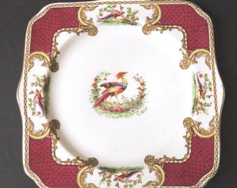 1930's ANTIQUE Square 8 3/8"plate,CHELSEA BIRD,Staffordshire,England,Myott,A.Robert, luncheon plate,Red Bird center,flowers,vg,serving decor