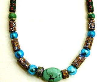 12 AFRICAN TRADE BEADS,antique Venetian millefioris,17 1/8" necklace,Tibet silver aqua,Murano foil glass,natural blue green turquoise center