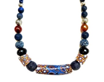 3 ANTIQUE AFRICAN TRADE beads,Venetian millefiori glass,17 5/8" necklace,lapis Lazuli,Ghana Krobo glass,Jatim,navy,blue,silver,rust