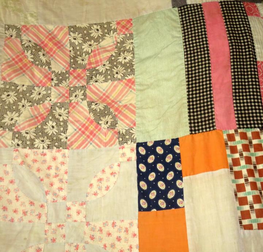 VINTAGE QUILT Top,90x77 Cotton Pieced by Hand,eclectic Design,wide
