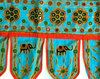 FOLK ART VALANCE India,Elephants,door Toran,35"x14" handmade,embroidered cotton,mirrors,Gujarat,chain stitched designs,with tabs for display