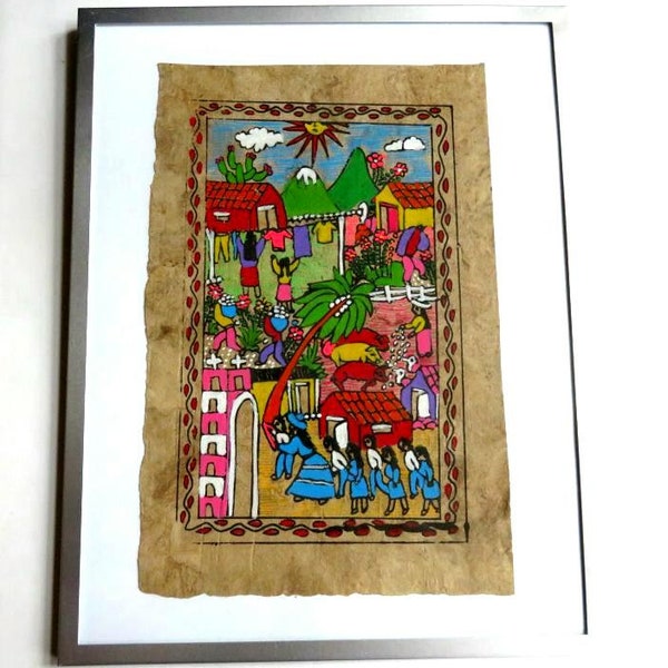 FRAMED AMATE PAINTING,Mexico fine art folk art 14"x11",village scene,flowers,sky,clouds,sun,feeding pigs,clothsline,houses,mountains,working