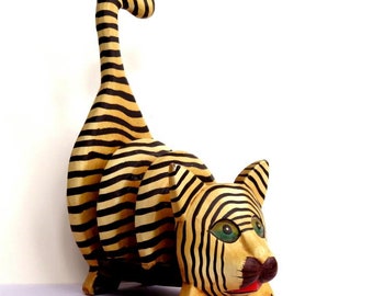 CAT LETTER HOLDER,napkin holder,vintage folk art Indonesia,handmade,hand painted,vg condition,wood,south Asia art,cat sculpture,black,beige