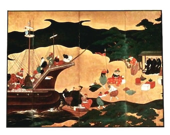 FRAMED JAPANESE PRINT,vintage copy of 17th c. folding screen,Byobu,Kano school,Portuguese Ship arriving in Japan,custom frame 12x14"fine art