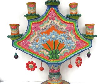 16" CANDELABRA MEXICO FOLK Art sculpture,fine art pottery,hand painted,complete,flowers,for 5 candles,blue,pink,orange,green,yellow,beige