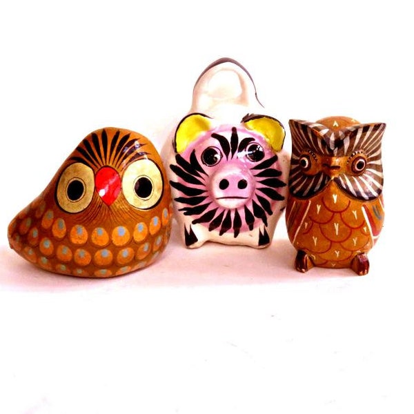 3 OWLS,FOLK ART,vintage wood,ceramic,paper mache,set of bird sculptures,small flock,collectible,2 signed Mexico,handmade,hand painted,ochre