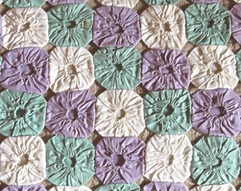 ANTIQUE POPCORN yoyo QUILT, 88"x89", 1162 rosettes, hand sewn,violet,aqua,white,lavander,complete,vg condition,double,full,vintage,cotton