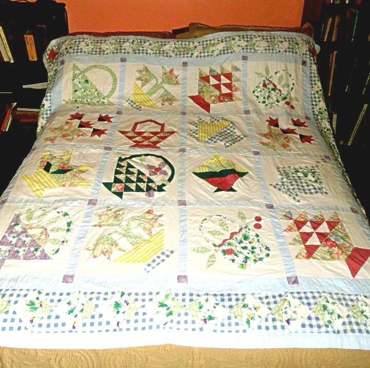 Black & White Floral Baskets Hand Applique WALL QUILT TOP