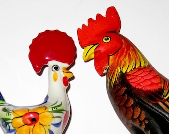 two VINTAGE ROOSTERS,PORTUGAL folk art,wood,ceramic,vg condition,sculpture,hand painted,handmade,red,yellow,blue,marigold,white,green,black