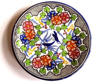 TALAVERA PLATE MEXICO,hand painted 6 3/4" salad dessert plate or wall display,blue birds,flowers,lattice design,Pueblo,olive,marigold,red