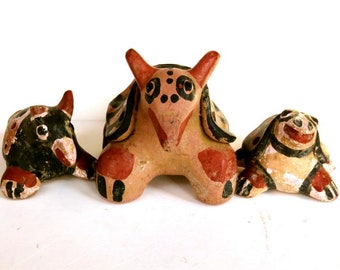 3 FOLK ART ANIMALS Mexico,Armadillo,Bird,Turtle,hand painted handmade pottery,vintage clay sculpture.animal art,brown,black,sand,rust,beige,