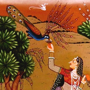 FRAMED INDIA MINIATURE Painting,Woman feeding a Peacock, Chitra art,Rajasthan fine art,Rajini,vintage Medieval period style,sitar,trees,gold