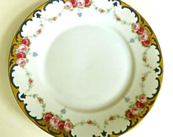 ANTIQUE ROSENTHAL BAVARIA 8" porcelain gold trim salad,lunch plate,pink roses,festoons,Selb-Bavaria understamp,vg condition,use or display