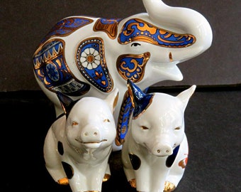 1 ELEPHANT,2 Pigs, 3 ANIMALS,ceramic sculptures,gold,royal blue,white, Great Gift, 12 gold feet,decorative porcelain,Mlesna Sri Lanka,Ceylon