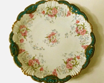 ANTIQUE LIMOGES FRANCE,8 1/4" bone china plate,L S & S,Lewis Strauss,gold edges,textured,roses,flowers,turquoise,pink,avocado,white,tan,blue