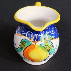 ITALY HAND PAINTED Creamer,small pitcher,made in Florence,3" high,lemon,leaves,yellow trim,aqua,royal blue,olive,table decor,sunny,bright