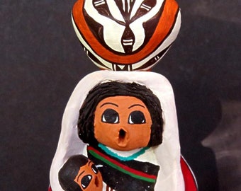 VINTAGE ACOMA POTTERY,handmade,hand painted woman and baby with traditional Acoma bowl, signed M S, 5 1/2" high,Southwest fine art sculpture