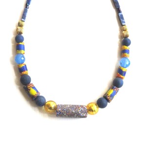 7 ANTIQUE AFRICAN TRADE Beads Necklace,17 5/8" Lapis Lazuli,Venetian millefiori,agate,Venetian gold foil glass beads,navy,rust,lemon,blue