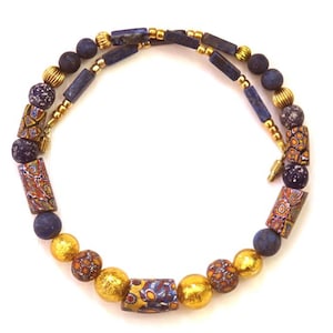 5 AFRICAN TRADE BEADS, antique Venetian millefioris,17 3/8&quot; necklace,Venetian foil glass,Lapis Lazuli,Indonesia Jatim,gold,blue,navy,mustard
