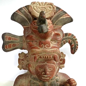 ZAPOTEC SCULPTURE vintage polychrome,Pitao Cozobi totem,fine art copy of pre-Columbian art,earth,sky,jaguar,rain,corn,Aztec Maya Sculpture