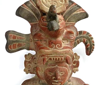 ZAPOTEC SCULPTURE vintage polychrome,Pitao Cozobi totem,fine art copy of pre-Columbian art,earth,sky,jaguar,rain,corn,Aztec Maya Sculpture