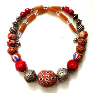8 KIFFA,3 JATIM,2TIBETAN repoussee,Tribal 17 1/2 necklace, red,silver,black,white,yellow,blue,gray,handmade beads,natural coral,gemstones, image 1
