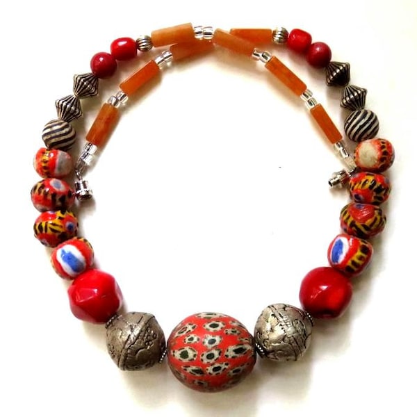 8 KIFFA,3 JATIM,2TIBETAN repoussee,Tribal 17 1/2" necklace, red,silver,black,white,yellow,blue,gray,handmade beads,natural coral,gemstones,