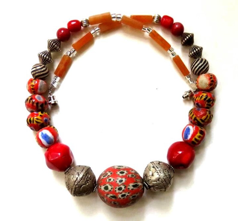 8 KIFFA,3 JATIM,2TIBETAN repoussee,Tribal 17 1/2 necklace, red,silver,black,white,yellow,blue,gray,handmade beads,natural coral,gemstones, image 1