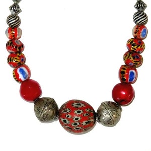 8 KIFFA,3 JATIM,2TIBETAN repoussee,Tribal 17 1/2 necklace, red,silver,black,white,yellow,blue,gray,handmade beads,natural coral,gemstones, image 4