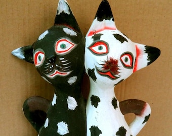 DOUBLE CAT FOLK Art 12&quot;sculpture,Indonesia,wood,handmade,hand painted,vintage,black,white,pink,red,hand carved,rustic art,for cat lovers