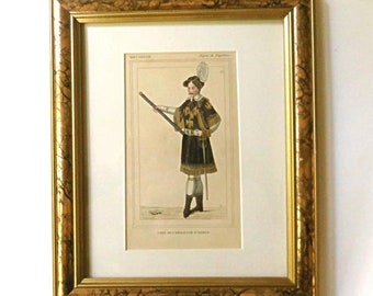 1834 FRAMED NAPOLEON ERA Print,France,vg condition,antique hand colored engraving,Military Uniform,gold details,sword,Chief Herald Arms,art